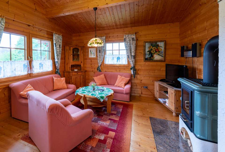 Wohnzimmer mit Kamin in dem Ferienhaus Vogelsang.